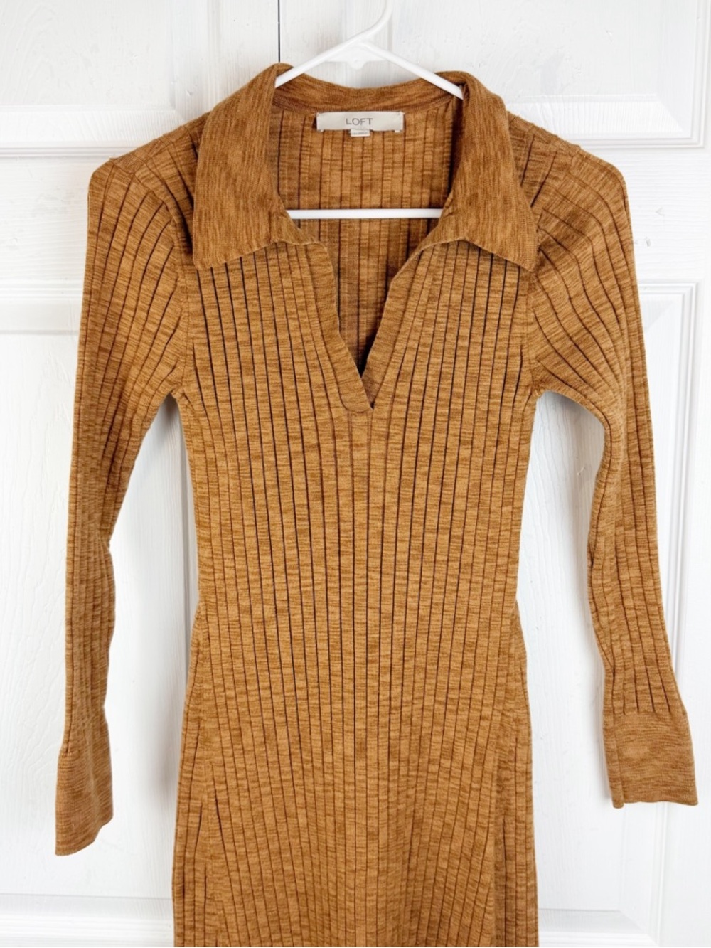 LOFT Ribbed Knit Midi Size M Rust Tan Brown Long Sleeve Collared Sweater Dress - Picture 5 of 14